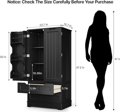 Gizoon Kitchen Pantry Cabinet with Drawers, 47" Small Food Pantry Storage Cabinet with 6 Door Shelves for Snack and Spice, Freestanding Craft Storage Cabinet for Craft Room, Black, Painted