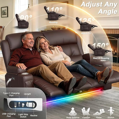 Power Reclining Loveseat with Massage & Heat,Wall Hugger Home Theater Seating with LED Lights,USB & Type-C Ports, Ideal for RV, Home Theater and Living Room,Brown,2 Seats