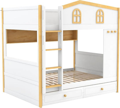 Merax Full Over Full Size House Bunk Bed with Storage Shelves & 2 Drawers, Solid Wood Space-Saving Loft Bed Frame with Safety Guardrails for Bedroom, White+Natural