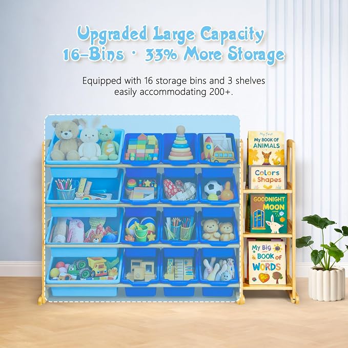 Kids Toy Storage Organizer with Bookshelf – Wooden Shelf with 16 Bins & 3 Shelves, Quick Assembly Storage Rack for Playroom, Bedroom, Nursery - Blue