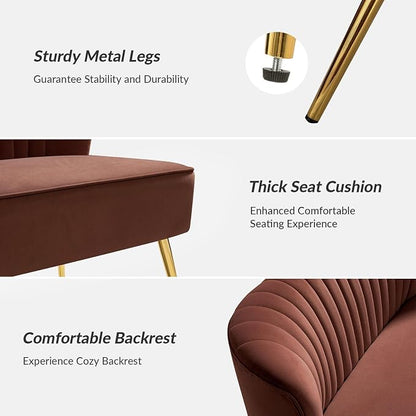 TINA'S HOME Mid-Century Velvet Loveseat Sofa, Upholstered Loveseat Couch with Golden Metal Legs, Small Tufted 2-Seat Sofa Armless Love Seat for Living Room Bedroom, Burn Brick