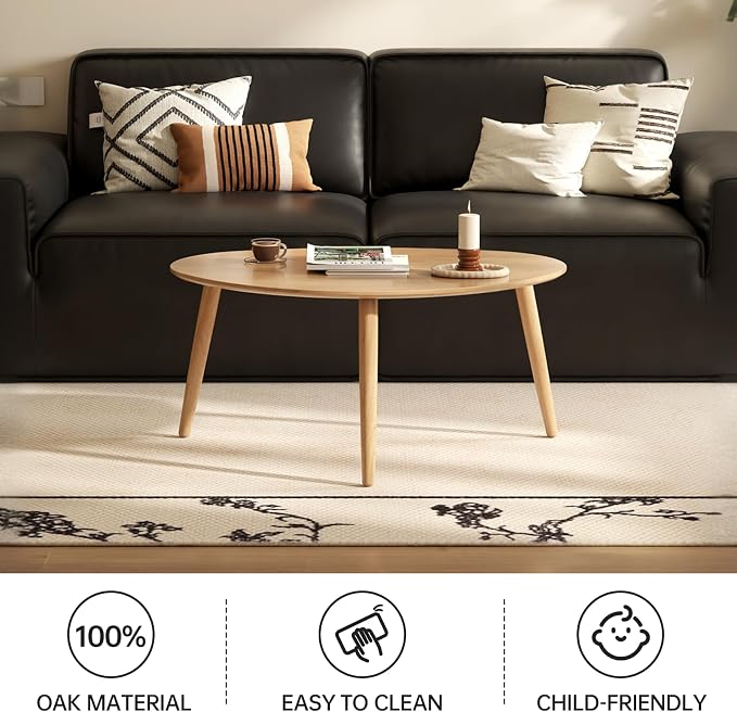 Small Oval Coffee Table, Mid Century Modern Coffee Table for Living Room, 100% Solid Oak Wood Side Table End Tables for Home (Original Wood Color, 25.59''x17.51''x19.68'')