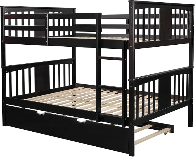 Merax Full-Over-Full Bunk Bed with Twin Trundle, Solid Wood Bunk Bed Frame with Guardrail and Removable Ladder, Can be Separated into 2 Beds, Espresso