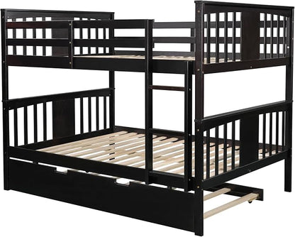 Merax Full Over Full Bunk Bed with Trundle, Convertible to Two Separate Beds, Solid Pine Wood Frame with Safety Guardrail & Headboard/Footboard, Sturdy Durable Design, No Box Spring Needed, Espresso