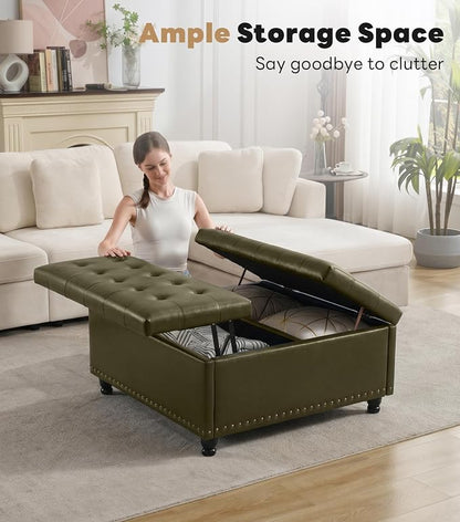Tbfit Large Square Storage Ottoman Bench, Tufted Upholstered Coffee Table Ottoman with Lift Top & Wooden Legs, Oversized Storage Ottomans Toy Box for Living Room (Green PU)