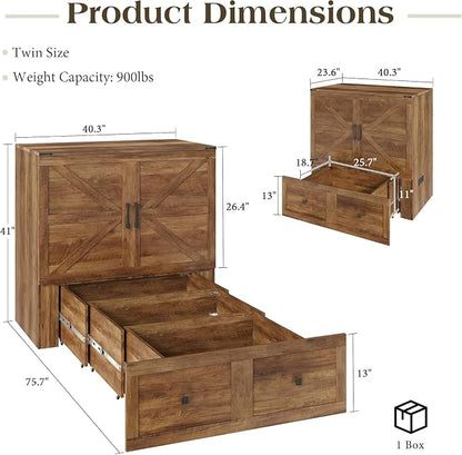 LUXOAK Twin Murphy Bed with Built-in Charging Station and Storage Drawer, Farmhouse Foldable Cabinet Bed for Guest Room, Apartment or Home Office, Barnwood