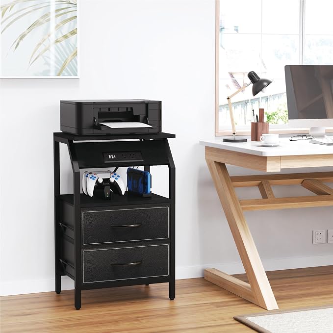 SZLHANJZ End Table with Light, LED Nightstand with 2 Drawers and Type C Charging Station, Small Fabric Night Stand for Bedside, Storage Side Table for Living Room, Dorm, Black