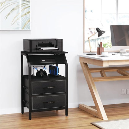 SZLHANJZ End Table with Light, LED Nightstand with 2 Drawers and Type C Charging Station, Small Fabric Night Stand for Bedside, Storage Side Table for Living Room, Dorm, Black