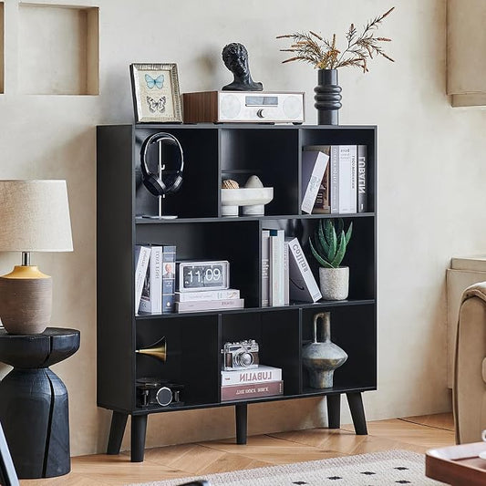 LEYAOYAO 8 Cube Bookshelf,3 Tier Bookcase with Legs,Black Mid-Century Modern Bookshelves,Large Open Storage Organizer Shelf, Wooden Book Case