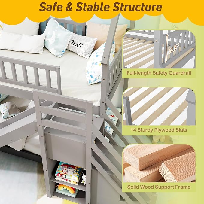 Giantex House Bunk Bed Twin Over Twin with Slide & Stairs, Wood Bunk Bed with Storage Shelves, No Box Spring Needed, Twin Floor Bed for Kids Teens Boys Girls (Grey)