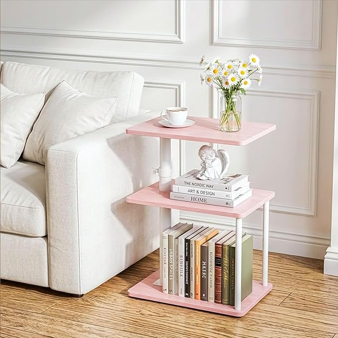 Faesun Swivel Side Table for Couch Arm, Adjustable C End Table for Recliner or Bed, Tv Trays with Storage Shelf for Small Spaces Small Nightstand Table for Living Room, Bedroom，Pink