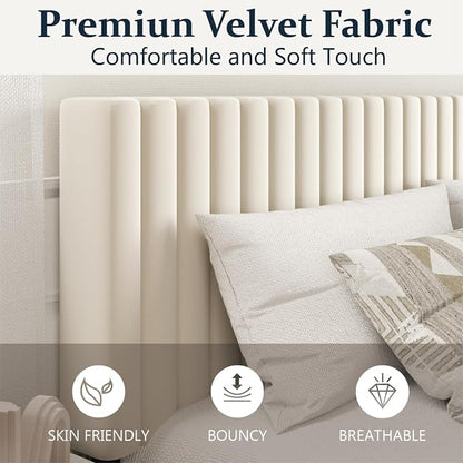 HAOARA King Size Bed Frame,King Size Platform Bed Frame and Velvet Upholstered Headboard with Strong Wood Slats, Box Spring Optional, Mattress Foundation, Easy Assembly Beige
