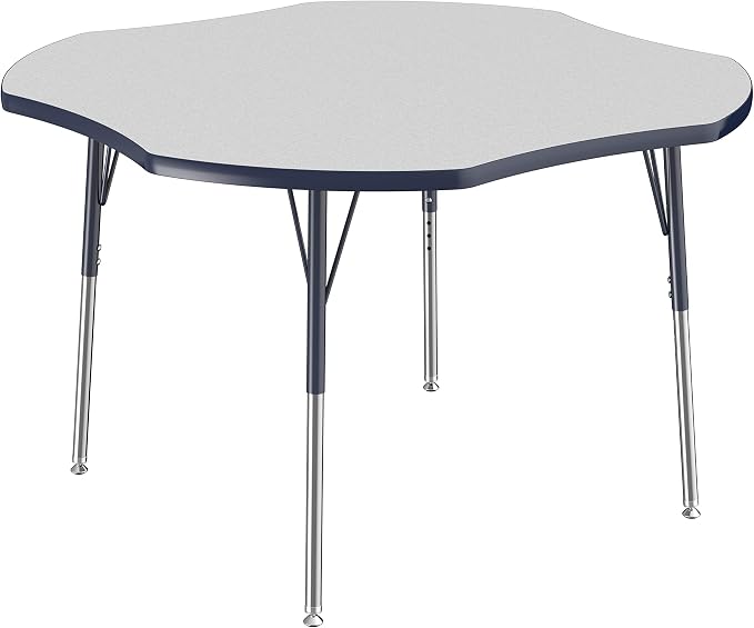 FDP Clover Activity School and Office Table (48 x 48 inch), Standard Legs with Swivel Glides for Collaborative Seating Environments, Adjustable Height 19-30 inches - Gray Top and Navy Edge