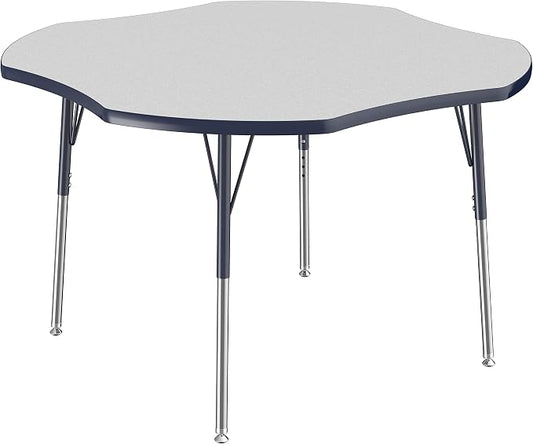 FDP Clover Activity School and Office Table (48 x 48 inch), Standard Legs with Swivel Glides for Collaborative Seating Environments, Adjustable Height 19-30 inches - Gray Top and Navy Edge
