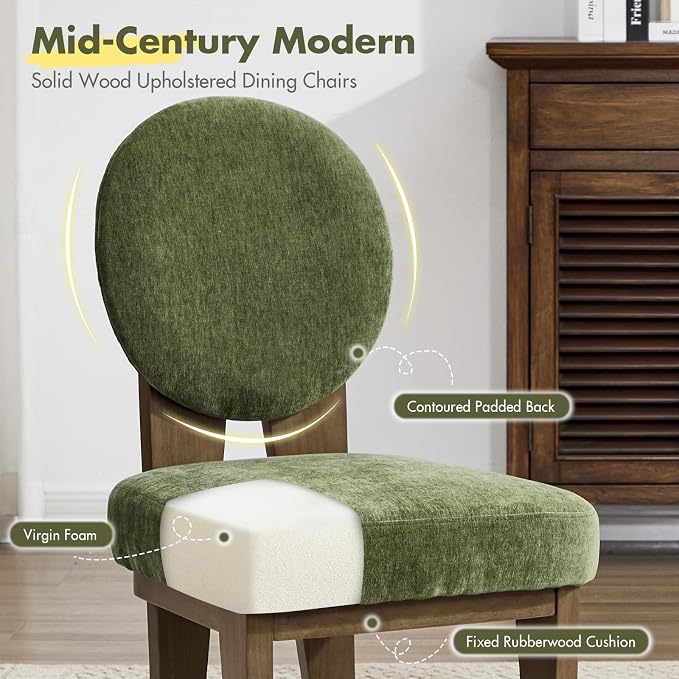 Hyfirm Mid-Century Modern Walnut Dining Chairs Set of 2, Vintage Green Wooden Kitchen Chairs, Retro Upholstered Velvet Cushioned Seat with Curved Backrest, Armless Accent Side Chair for Bedroom