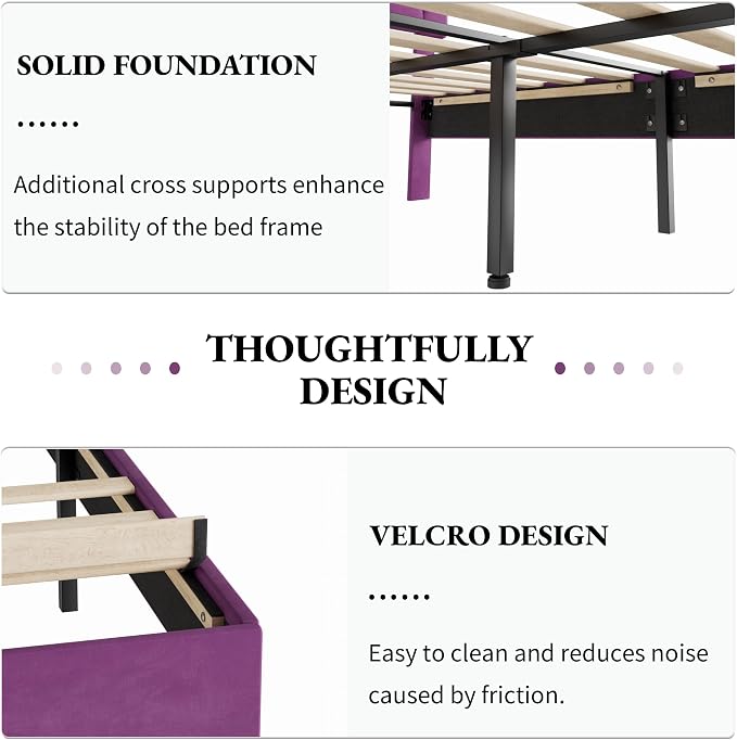 VECELO Twin Size Bed Frame with Diamond Tufted Headboard, Upholstered Platform Bedframe with Wood Slat Support, No Box Spring Needed, Velvet & Purple