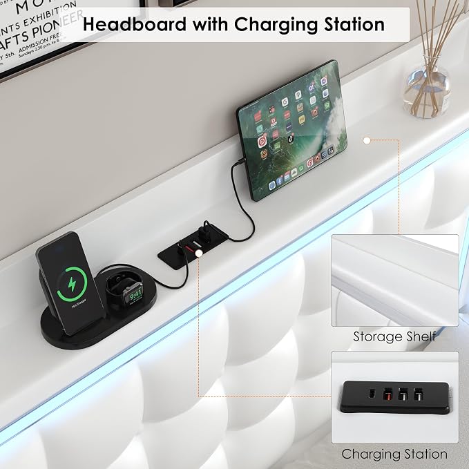 Keyluv Queen Floating Bed Frame with Storage Headboard, LED Lights & Charging Station Platform Bed, Soft Upholstered PU Leather, USB/Type-C Ports, Easy Assembly, White