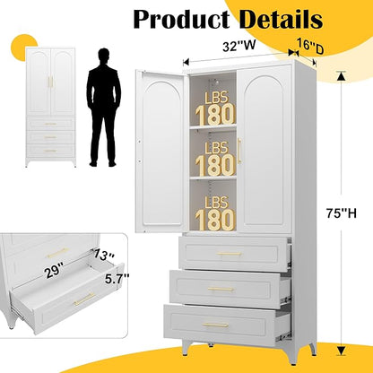 SteeLoong Metal Kitchen Pantry Cabinet with 3 Drawers，75 Inch White Food Pantry Cabinets for Kitchen Storage with 2 Adjustable Shelves,Tall Storage Cupboard for Living Room,Dining Room Office