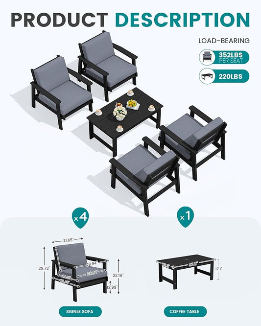 SERWALL Outdoor Patio Furniture Set, 5 Piece HDPE Patio Conversation Sets, All-Weather Wood-Like Outdoor Couch Loveseat and Coffee Table with Thick Cushions for Porch Balcony Garden Backyard