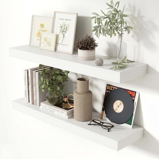 Heimlove 32 Inch Floating Shelves for Wall White Shelves Set of 2,Wall Mounted Rustic Wood 8 Inch Deep Floating Shelf with Invisible Brackets for Bedroom Kitchen Living Room