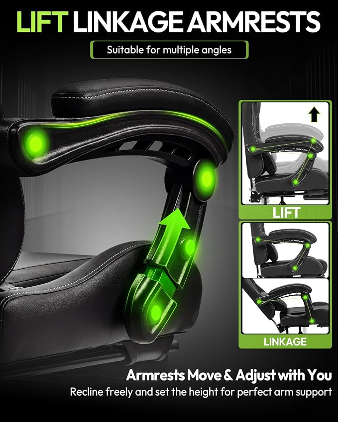 Dowinx Ergonomic Gaming Chair with Footrest & Massage Lumbar, 2D-Linkage Armrests for Computer Chair 330lbs with Headrest Pillow for Office, Home, Streaming and Long Gaming Sessions, Black