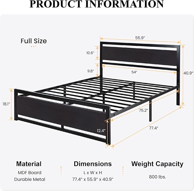 SHA CERLIN Heavy Duty Full Size Bed Frame with Modern Headboard，Black | Platform Metal Base with Square Footboard and 13 Strong Slats Support, No Box Spring Needed