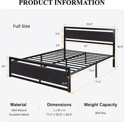 SHA CERLIN Heavy Duty Full Size Bed Frame with Modern Headboard，Black | Platform Metal Base with Square Footboard and 13 Strong Slats Support, No Box Spring Needed