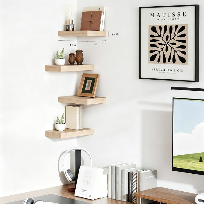 Oak Floating Shelves for Wall, Set of 4 Rustic Wood Shelves Over Toilet for Bathroom, Bedroom, Kitchen & Living Room Decor Display, for Plants, Towels & Books, 12"x7"x1.5"