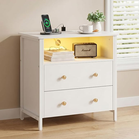 27 Inch LED Nightstand with Charging Station, 2 Drawers, White | Solid Wood and Steel Frame, 2 AC Outlets, 2 USB Ports, RGB App Control, Open Storage, Adjustable Feet, for Bedroom or Office