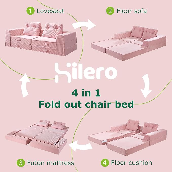 Folding Sofa Bed, 4 in 1 Convertible Sleeper Chair with Pillow, Loveseat Memory Foam Fold Out Chair Bed, Modern Floor Futon Sofa Couch Mattress for Living Room/Guest/Apartment, Pink