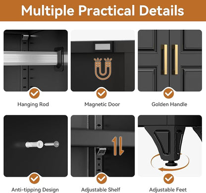 Polup Metal Armoire Wardrobe Closet with Drawer, 71“ Tall Wardrobe with Doors and Shelves, Metal Wardrobes Closet with Hanging Rod, for Bedroom, Garage, Laundry, Black