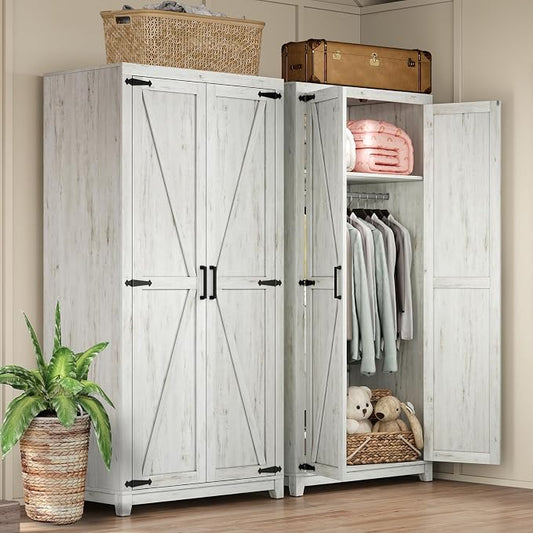 AMERLIFE Set of 2 Farmhouse Armoire Wardrobe Closet with 2 Barn Doors, 70'' Storage Cabinet with Shelf & Hanging Rod, Versatile Clothing Storage for Bedroom, White