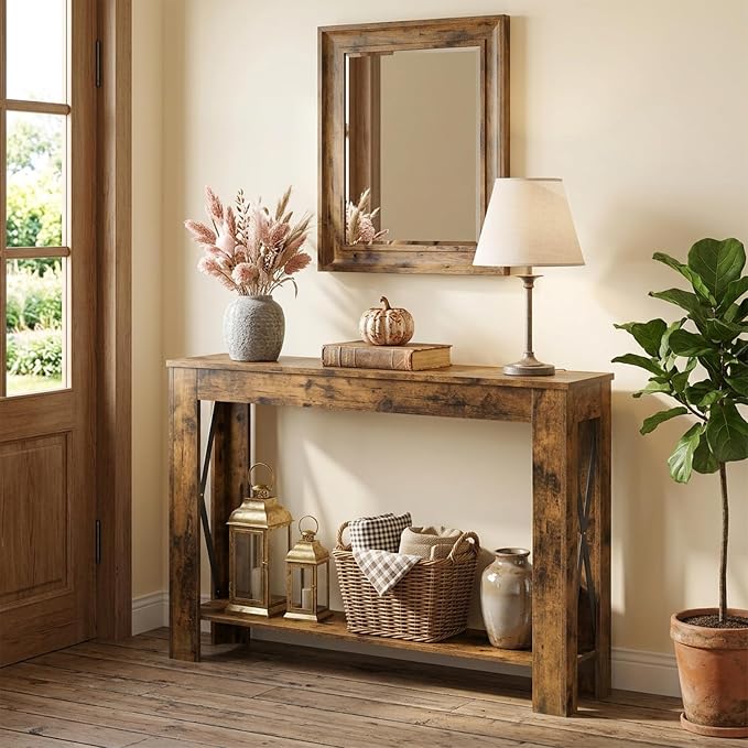 YATINEY Farmhouse Console Table, 39.4'' Small Narrow Entryway Table, Wood Couch Table Behind Sofa with Storage Shelf, Slim Farmhouse Hallway Table for Living Room, Hallway, Foyer, Rustic Brown CT34RR
