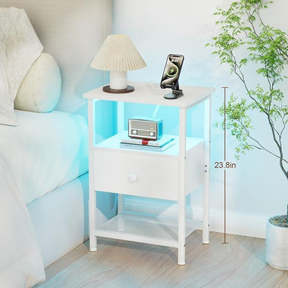 LOAKEKEL LED Night Stand with Charging Station, Small Bedside Table with USB Ports & Outlets, Fabric Storage Drawer with PU Finish for Bedroom, White, HETS01WT-1