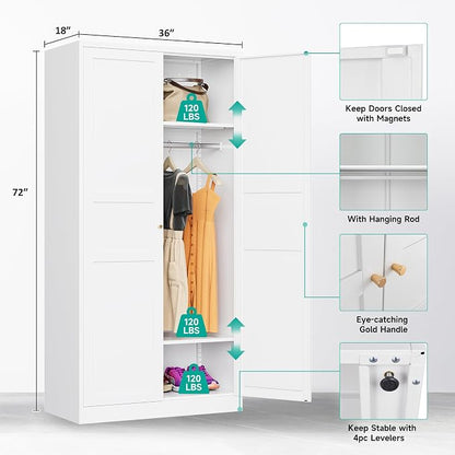 Metal Wardrobe Cabinet,Armoire Wardrobe Closet with doors,White Metal Clothing Storage Cabinet with Adjustable Shelves and Hanging Rod,72" Tall Cloth Storage Cabinets for Home,Bedroom Armoires,Laundry