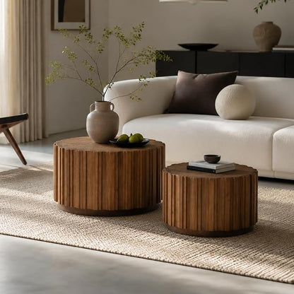 Nesting Round Coffee Table Set of 2, 27.56" Fluted Circle Accent End Table, Morden Drum Side Table, Wooden Center Table for Living Room, Fully Assembled - Walnut Brown