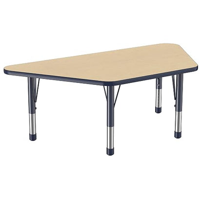 FDP Trapezoid Activity School and Classroom Kids Table (30 x 60 inch), Chunky Toddler Legs for Collaborative Seating Environments, Adjustable Height 15-24 inches - Maple Top and Navy Edge