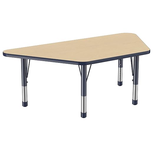 FDP Trapezoid Activity School and Classroom Kids Table (30 x 60 inch), Chunky Toddler Legs for Collaborative Seating Environments, Adjustable Height 15-24 inches - Maple Top and Navy Edge