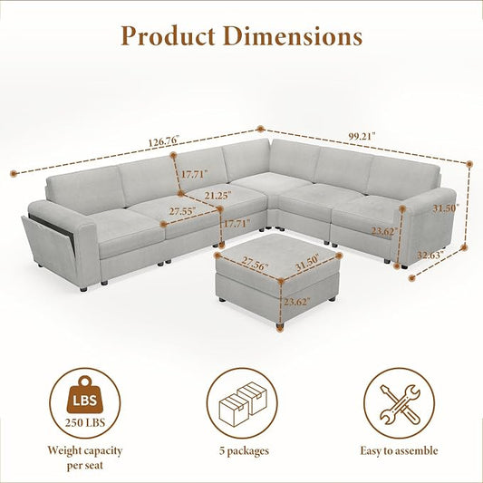Vesgantti Oversized Modular Sectional Sofa, 6-Seater Chenille L Shaped Modular Couch with Ottoman, Storage Armrests, Large Comfy Sectional Couches for Living Room, Apartment, Light Grey