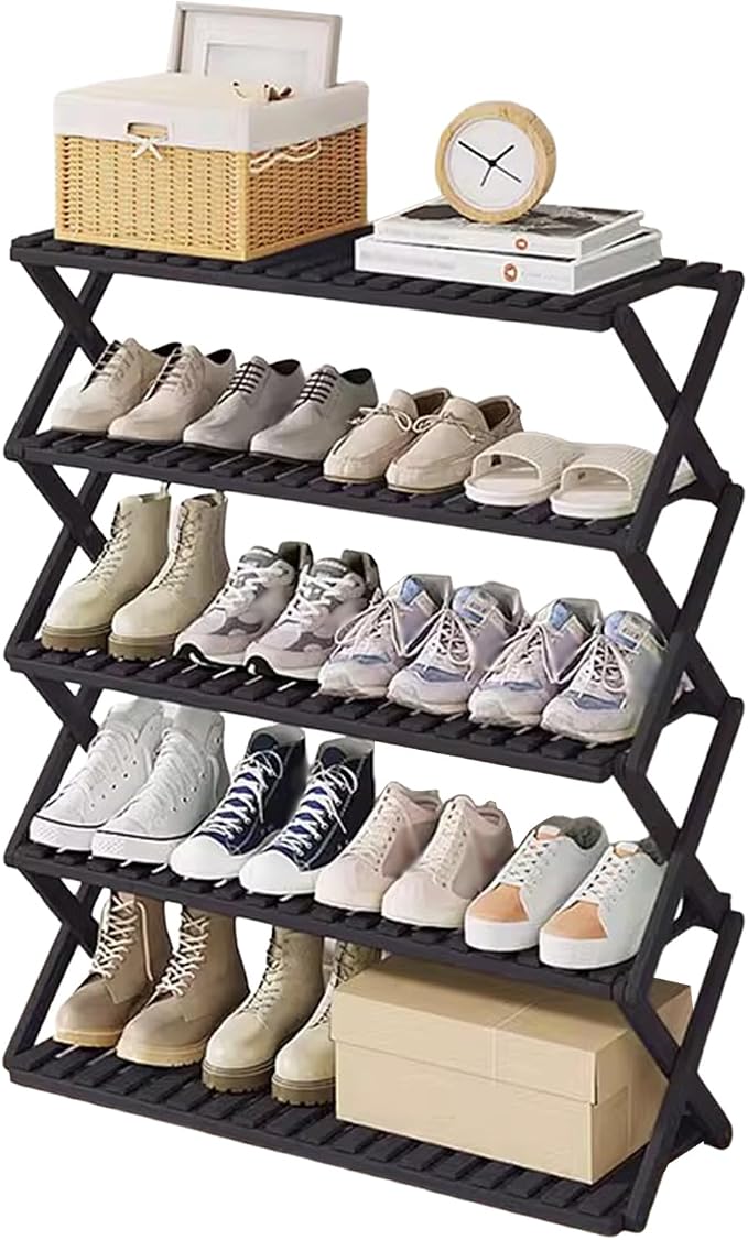Bamboo Multilayer Foldable Tall Shoe Rack Boots Organizer Storage Sturdy Narrow Shoe Shelf for Entryway, Closet, Porch, Dorm, Living Room, Bedroom