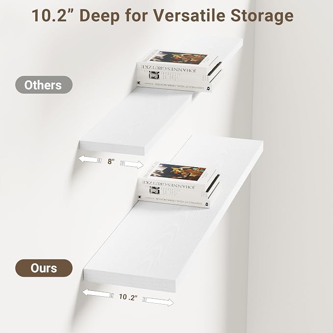 Vivelove 10 in Deep Floating Shelves for Wall, 36" x 10.2" x 1.5" Shelves for Room Wall Mounted, 1.5 Inch Thick Shelf for Bathroom Bedroom Kitchen Book Room, Modern Farmhouse Decor, Set of 2, White