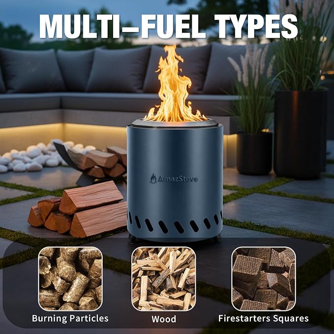 9.7 x 7.1 Inch Tabletop Fire Pit by AmazStove, Low Smoke Camping Stove for Outdoor Safe Burning Firepits, Fueled Pellets or Wood, Travel Bag Included (Slate Blue, 9.7 x 7.1 INCH)