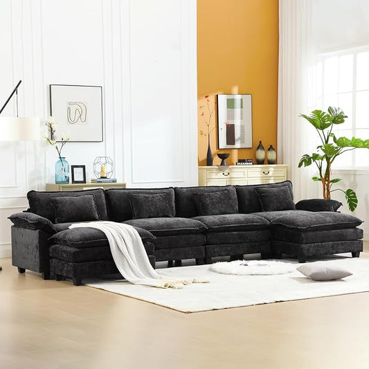 Oprisen 154" Modular Sectional Sofa, Comfy Cloud Couch Sectional Sofa with Ottoman, Chenille Sofa Sleeper Deep Seat Sofa with Throw Pillows for Living Room (Black, 154"- U Shape)