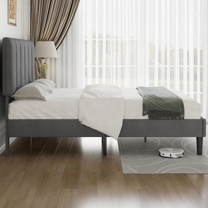 VECELO Full Size Bed Frame with Upholstered Headboard, Platform Bedframe with Strong Wooden Slats Support, No Boxing Spring Needed, Dark Grey