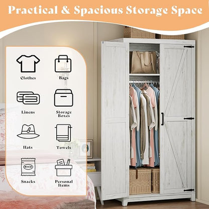 LUXOAK 70" Large Armoire Wardrobe Closet with Hanging Rod, Farmhouse Clothing Storage Cabinet with 2 Barn Doors, Wooden Tall Bedroom Armoires with Shelf, Distressed White