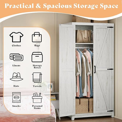 AMERLIFE Set of 2 Farmhouse Armoire Wardrobe Closet with 2 Barn Doors, 70'' Storage Cabinet with Shelf & Hanging Rod, Versatile Clothing Storage for Bedroom, White