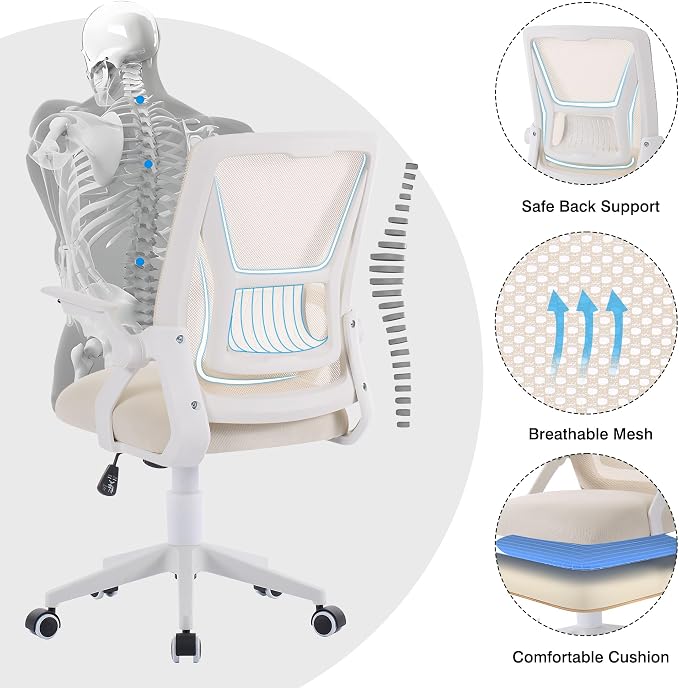 VECELO Mid-Back Swivel Ergonomic Office Chair with Adjustable Arms Mesh Lumbar Support for Computer Task Work, Beige