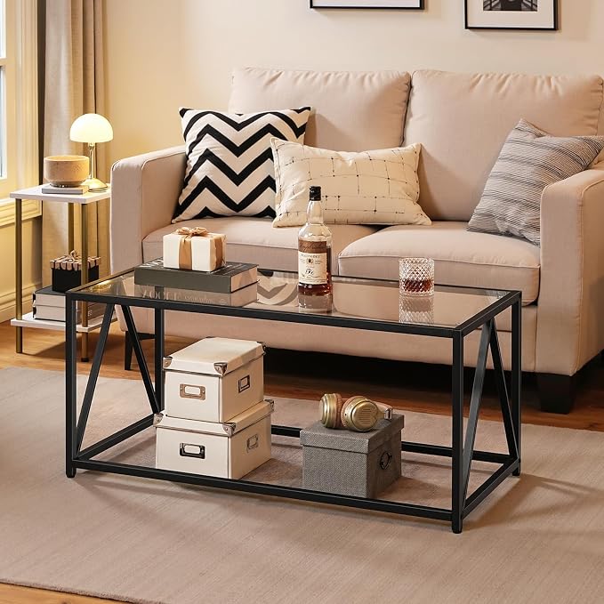 HOOBRO Glass Coffee Table, Black Coffee Tables for Living Room, Black Glass Coffee Table,1 Layer Center Table, Modern, for Apartment, Office, 39.4 x 19.7 x 17.7 Inches, Easy Assembly, Black BK04KF01
