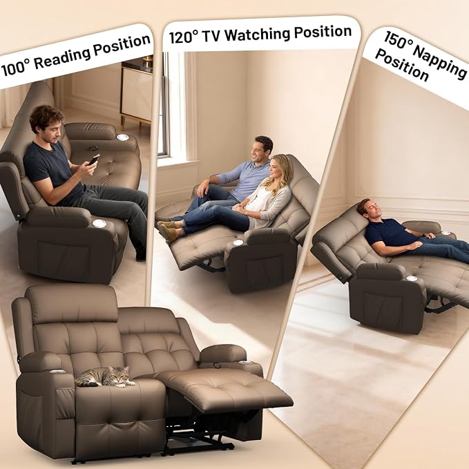 Reclining Loveseat, Wall-Hugger Loveseat Recliner Design with USB/Type C Charging & Storage & Cupholder, Pebble-Weave Fabric Recliner Sofa Couch for Living Room, Home Theater & RV Use