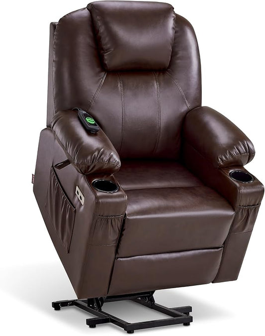 MCombo Power Lift Recliner Chair for Elderly, Lift Chair with Heat and Massage, FSC Certified, USB Ports, Cup Holders, Faux Leather 7141 (Dark Brown, Small)